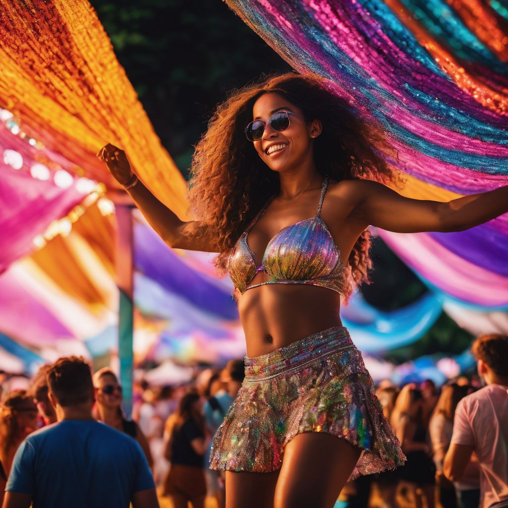 Festival-goers dancing under colorful art installations in a bustling atmosphere.